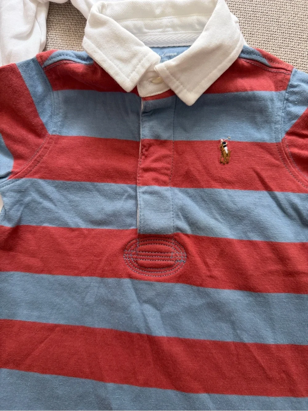 Ralph Lauren White Polo One-Piece & Red/Blue Striped Polo Overall Set 6 Months